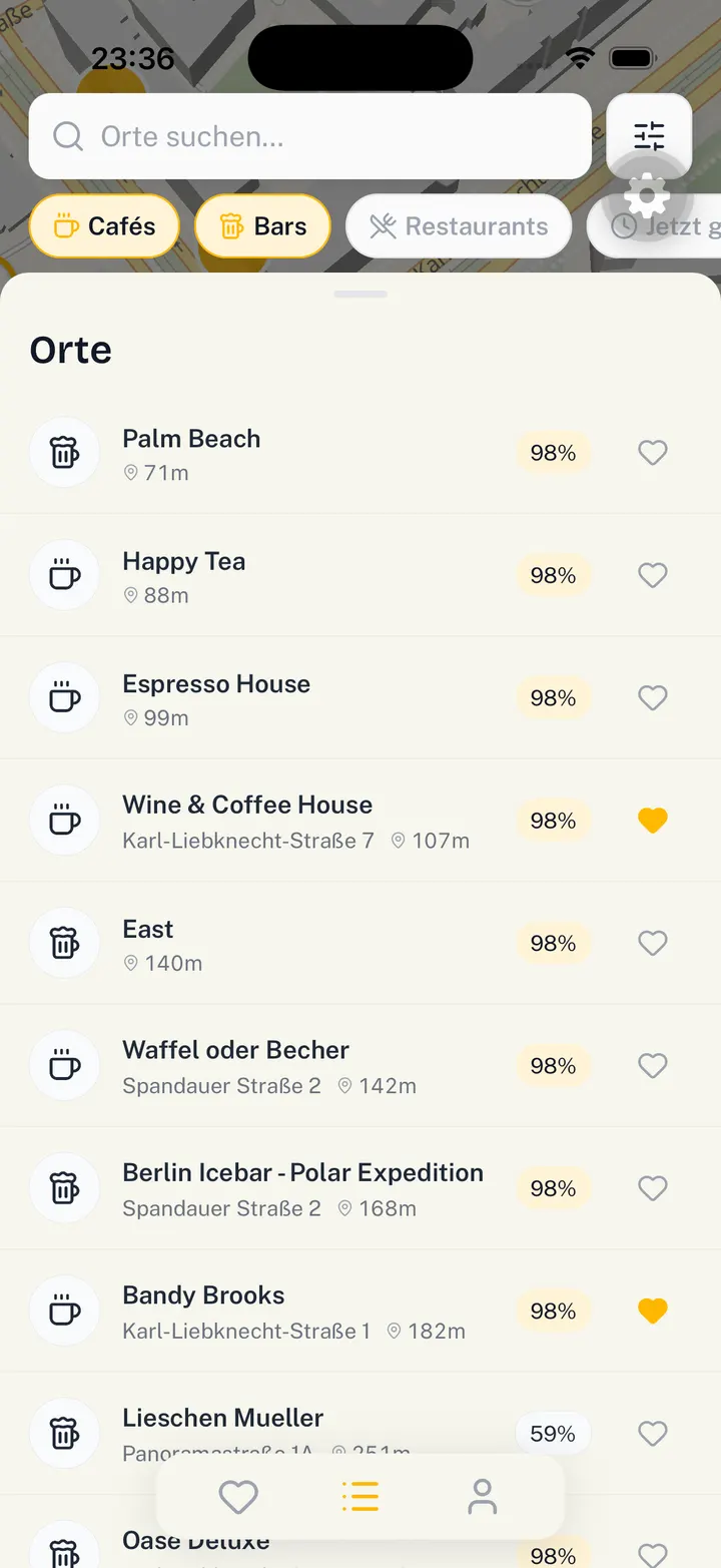List view, sorted by distance and sun score